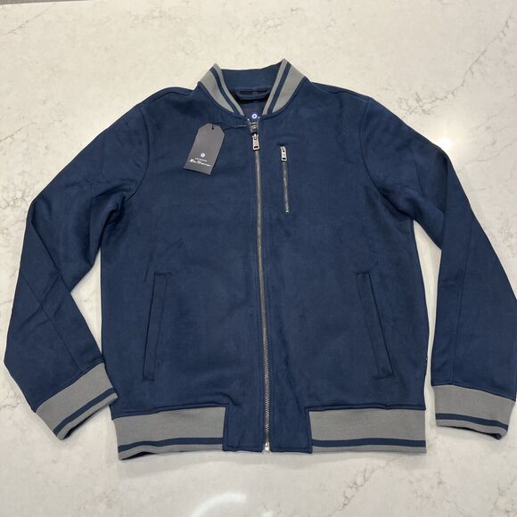 Ben Sherman Mens Small Faux Suede Bomber Jacket Full Zip Long Sleeve Navy Golf - Picture 1 of 14